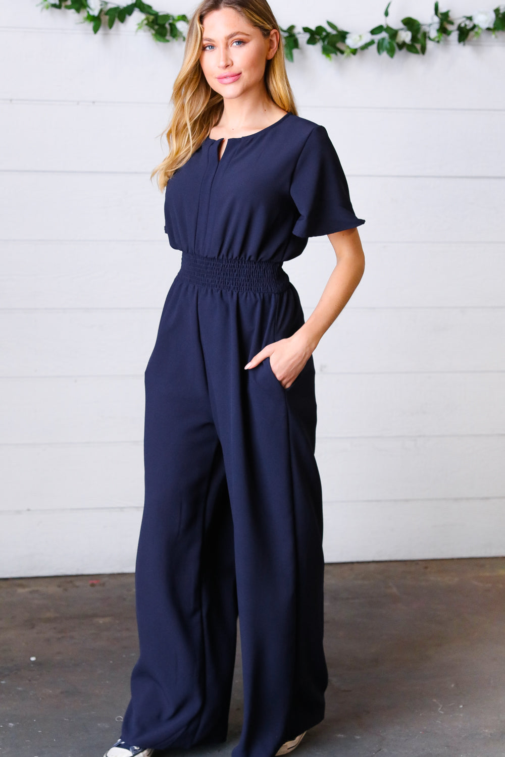 Dark Blue Smocked Waist Notch Neck Crepe Jumpsuit-Modish Lily, Tecumseh Michigan