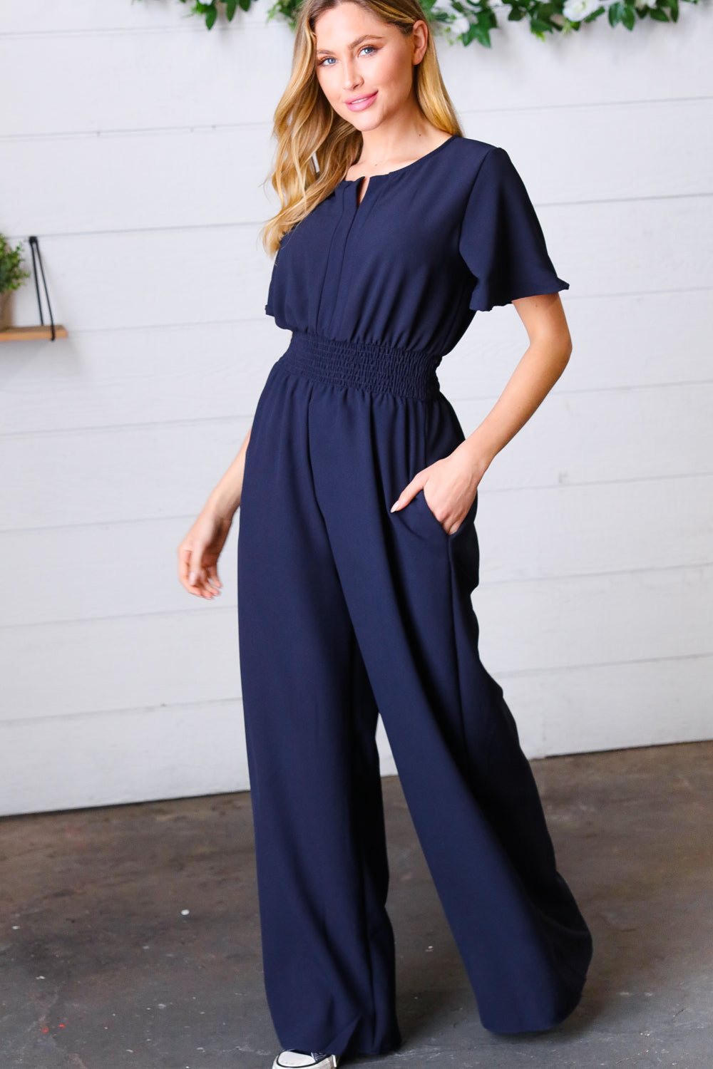 Dark Blue Smocked Waist Notch Neck Crepe Jumpsuit-Modish Lily, Tecumseh Michigan