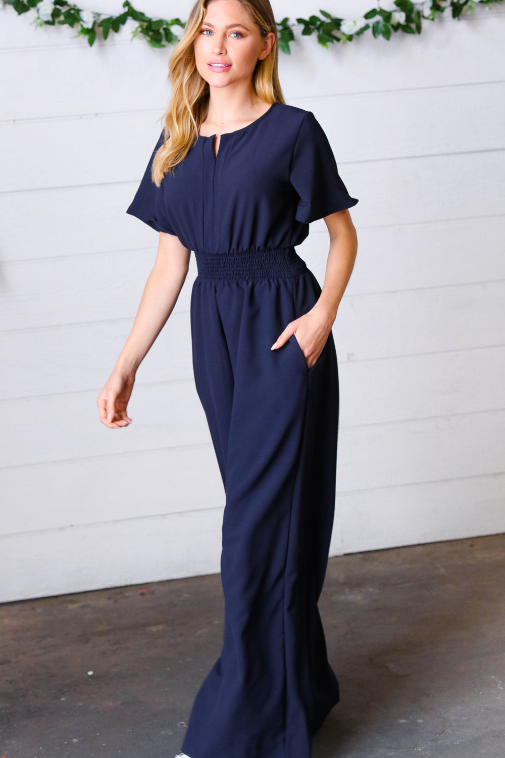 Dark Blue Smocked Waist Notch Neck Crepe Jumpsuit-Modish Lily, Tecumseh Michigan