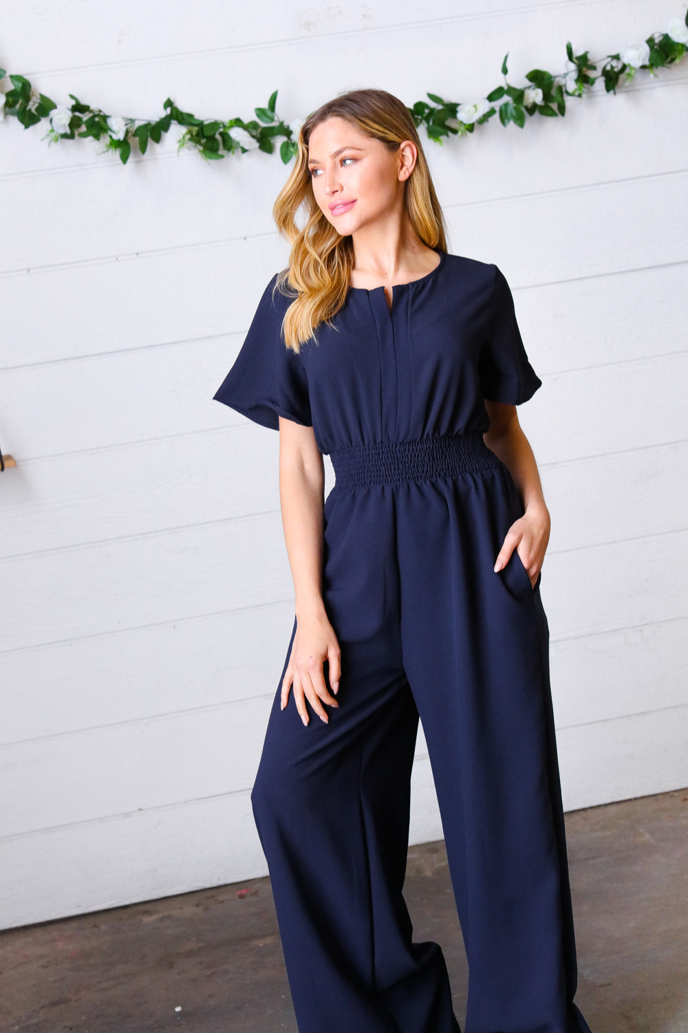 Dark Blue Smocked Waist Notch Neck Crepe Jumpsuit-Modish Lily, Tecumseh Michigan