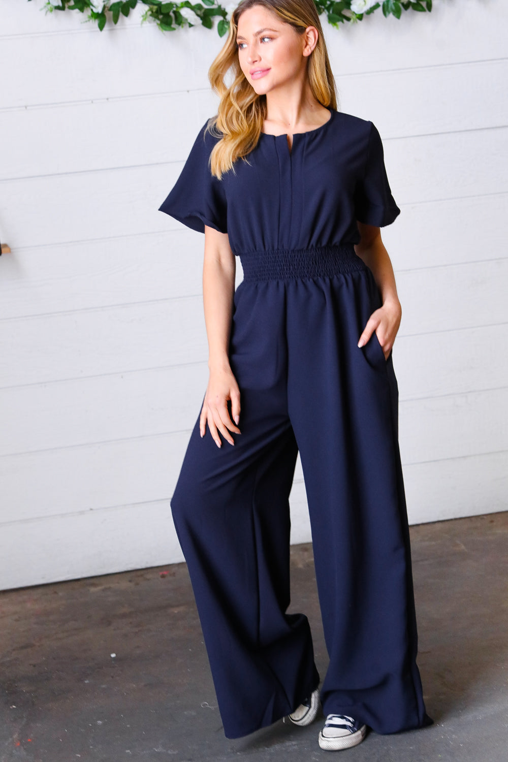 Dark Blue Smocked Waist Notch Neck Crepe Jumpsuit-Modish Lily, Tecumseh Michigan