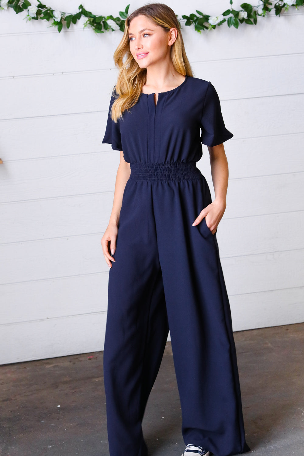 Dark Blue Smocked Waist Notch Neck Crepe Jumpsuit-Modish Lily, Tecumseh Michigan