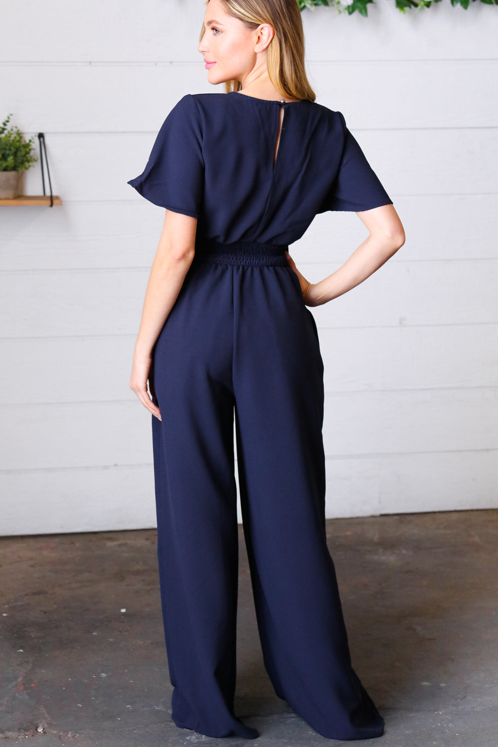 Dark Blue Smocked Waist Notch Neck Crepe Jumpsuit-Modish Lily, Tecumseh Michigan