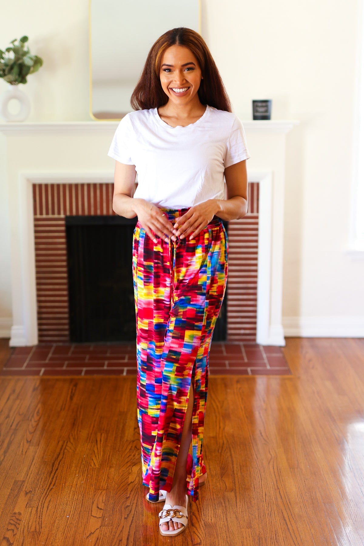 Vacay Vibes Kaleidoscope Smocked Waist Side Slit Palazzo Pants-Modish Lily, Tecumseh Michigan