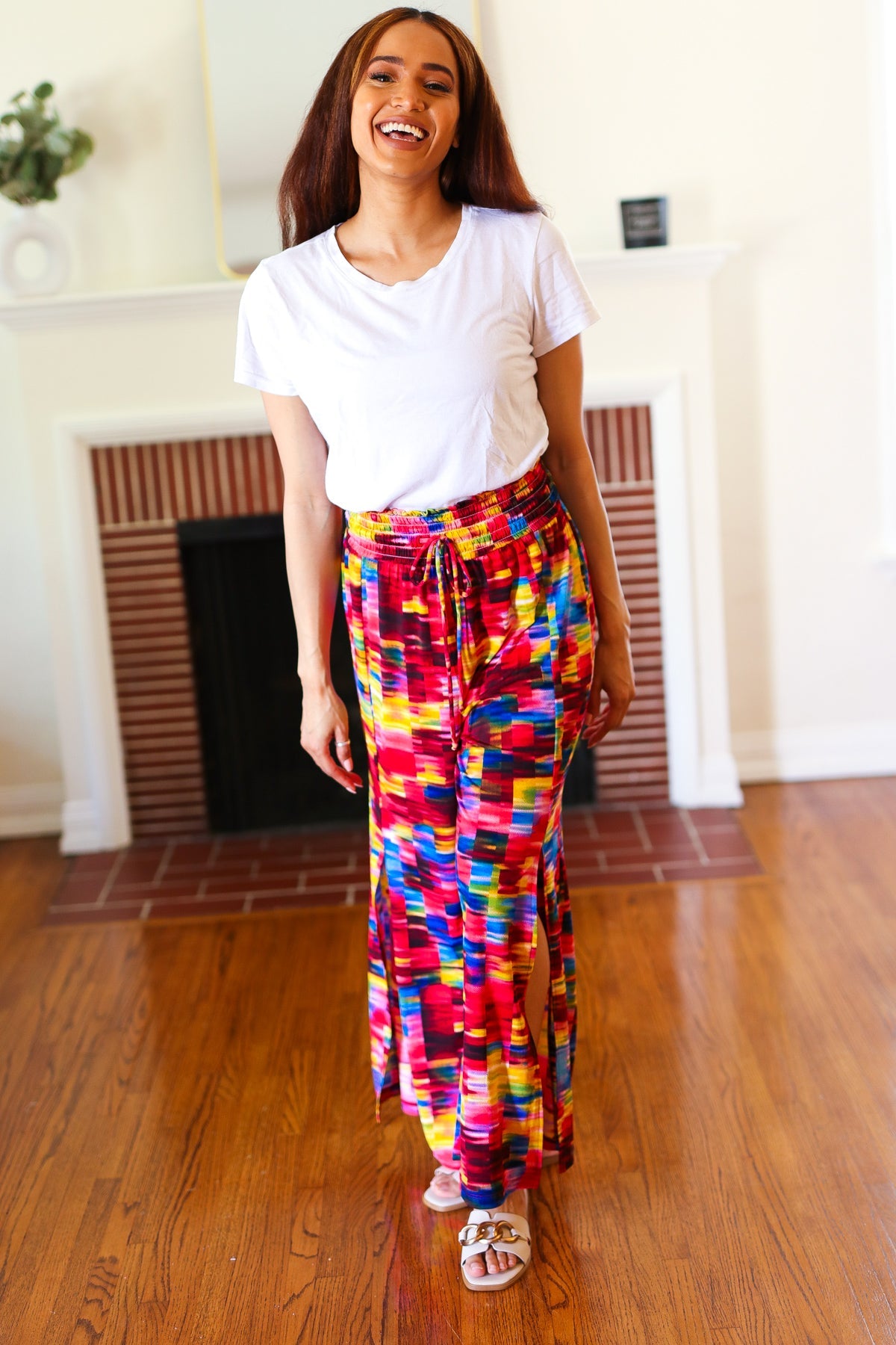 Vacay Vibes Kaleidoscope Smocked Waist Side Slit Palazzo Pants-Modish Lily, Tecumseh Michigan