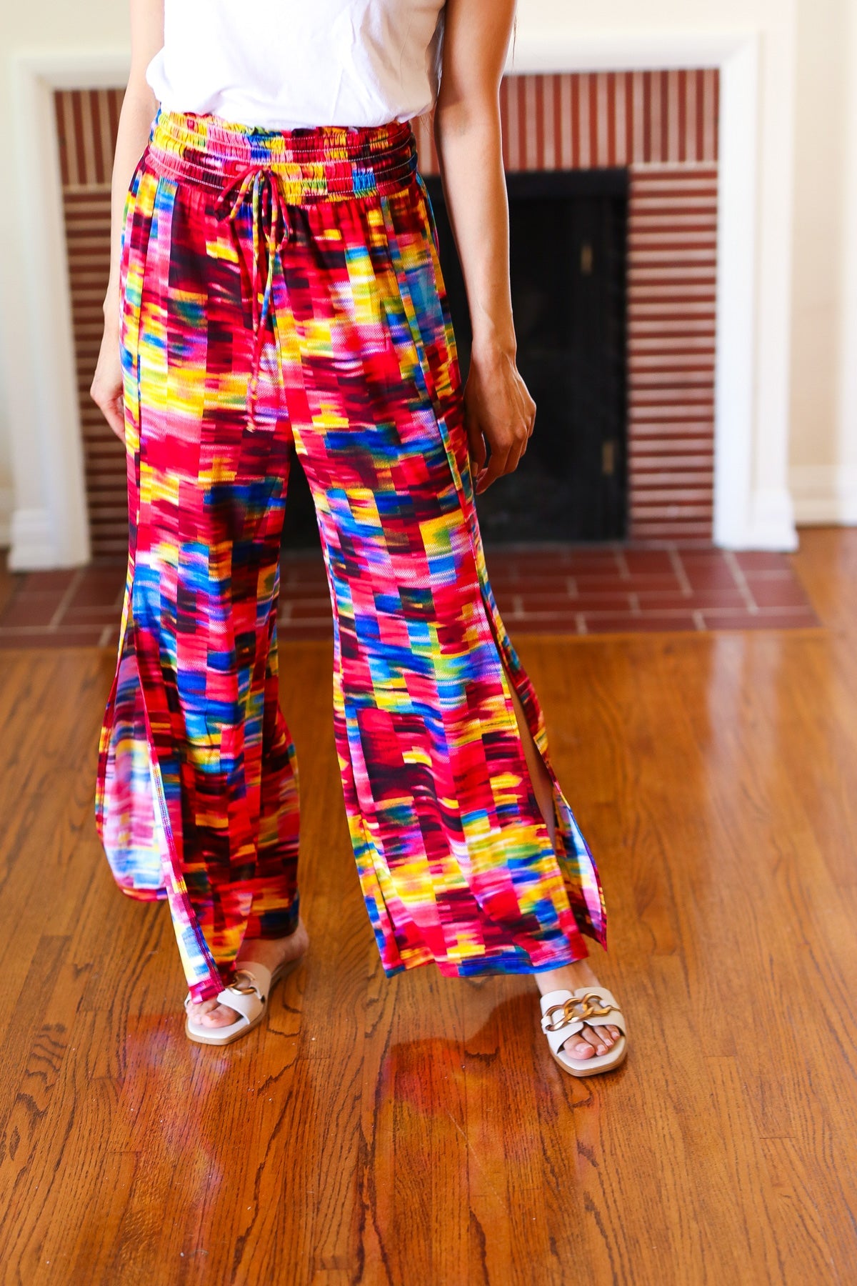 Vacay Vibes Kaleidoscope Smocked Waist Side Slit Palazzo Pants-Modish Lily, Tecumseh Michigan