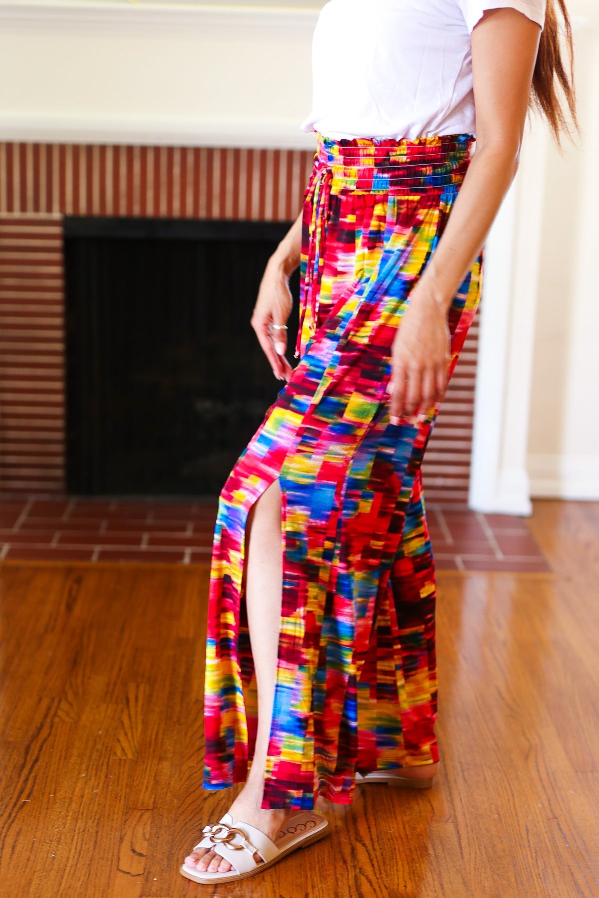 Vacay Vibes Kaleidoscope Smocked Waist Side Slit Palazzo Pants-Modish Lily, Tecumseh Michigan