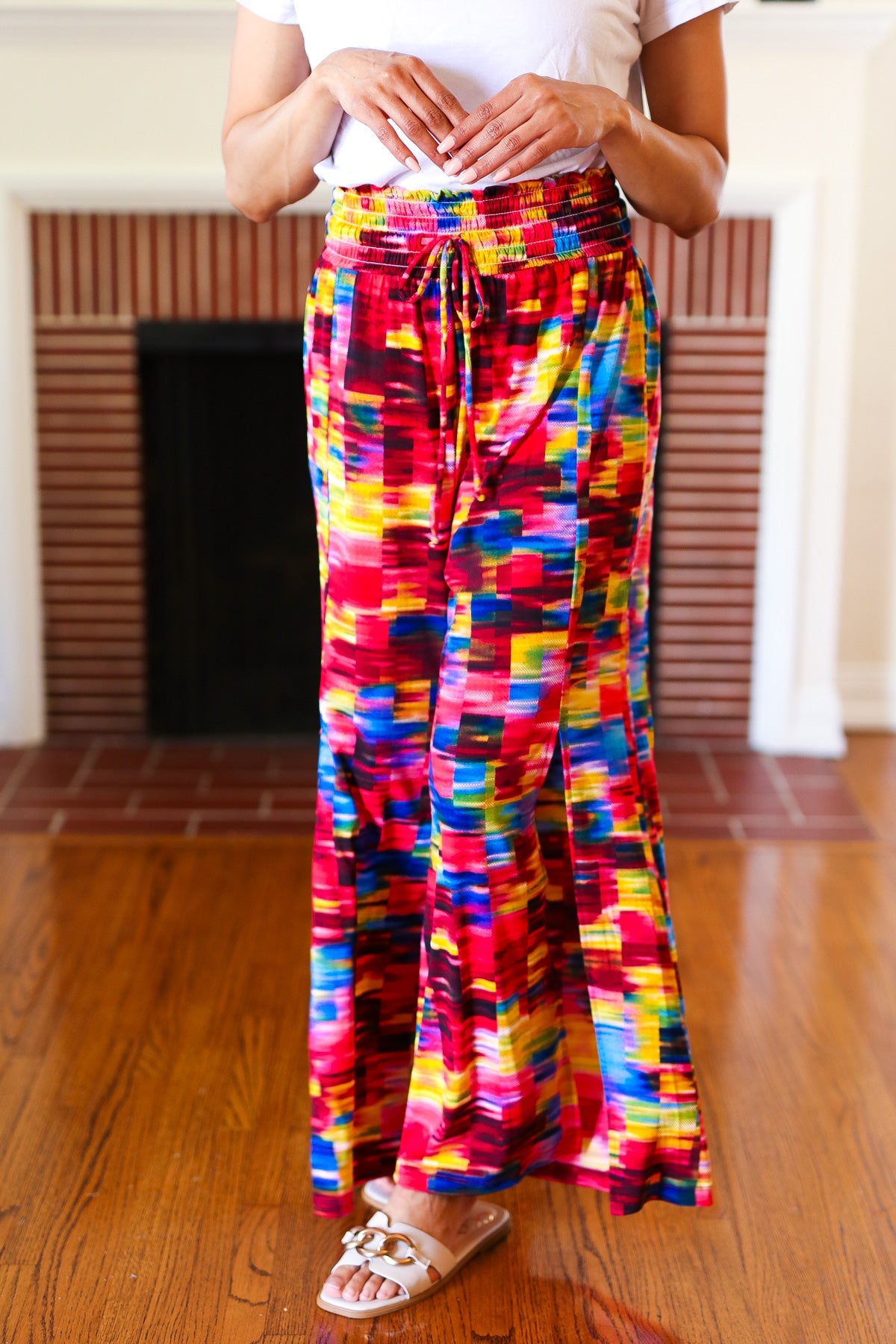 Vacay Vibes Kaleidoscope Smocked Waist Side Slit Palazzo Pants-Modish Lily, Tecumseh Michigan