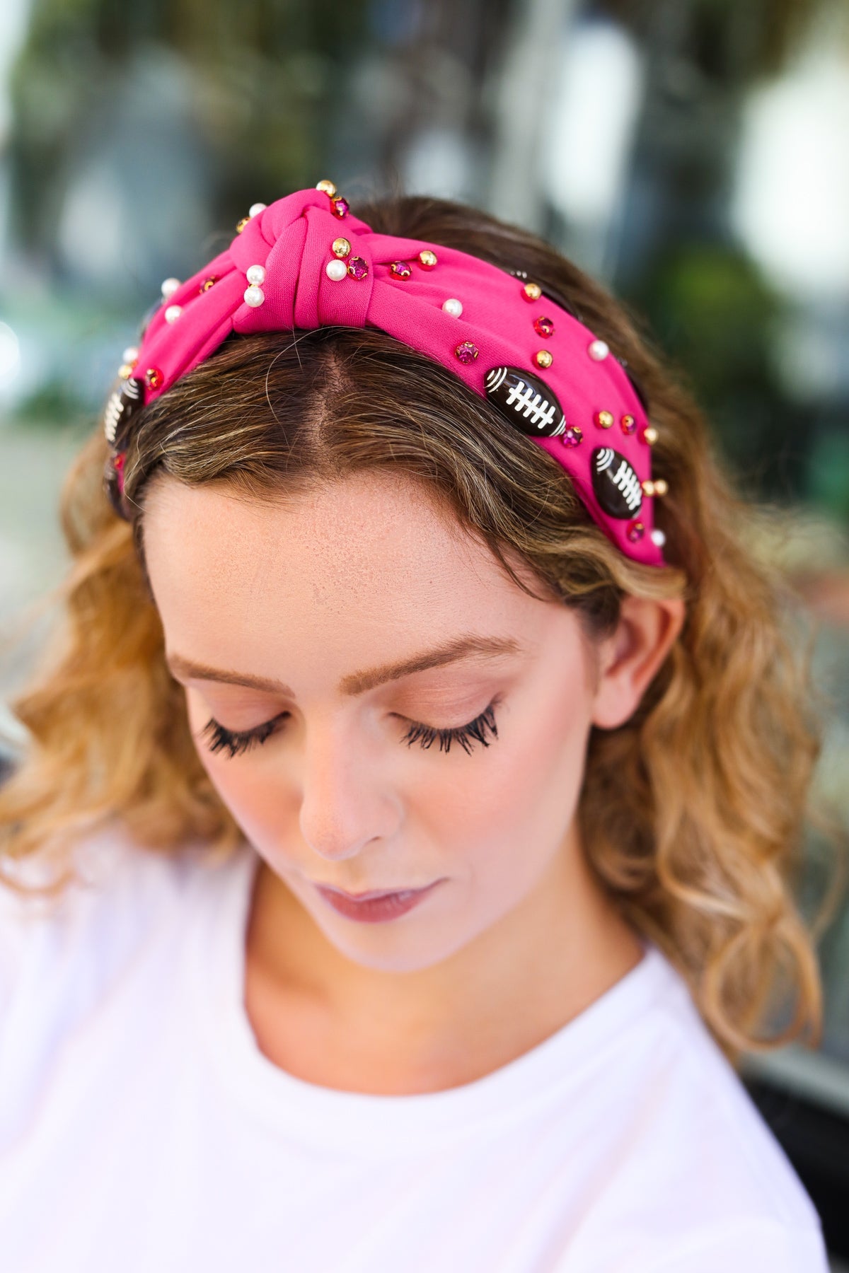 Fuchsia Stone & Gem Football Embellished Top Knot Headband-07-01-25 Summer Sale-Modish Lily, Tecumseh Michigan