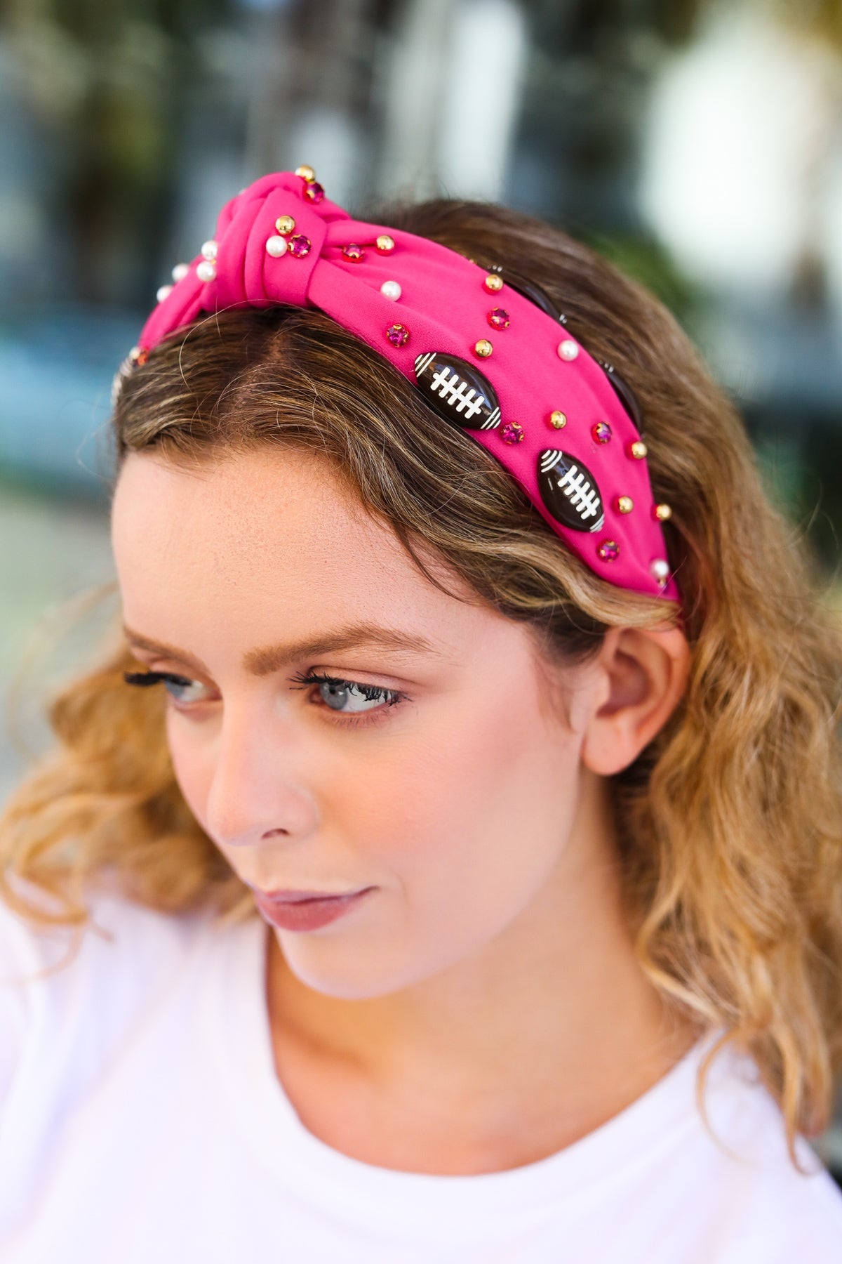 Fuchsia Stone & Gem Football Embellished Top Knot Headband-07-01-25 Summer Sale-Modish Lily, Tecumseh Michigan