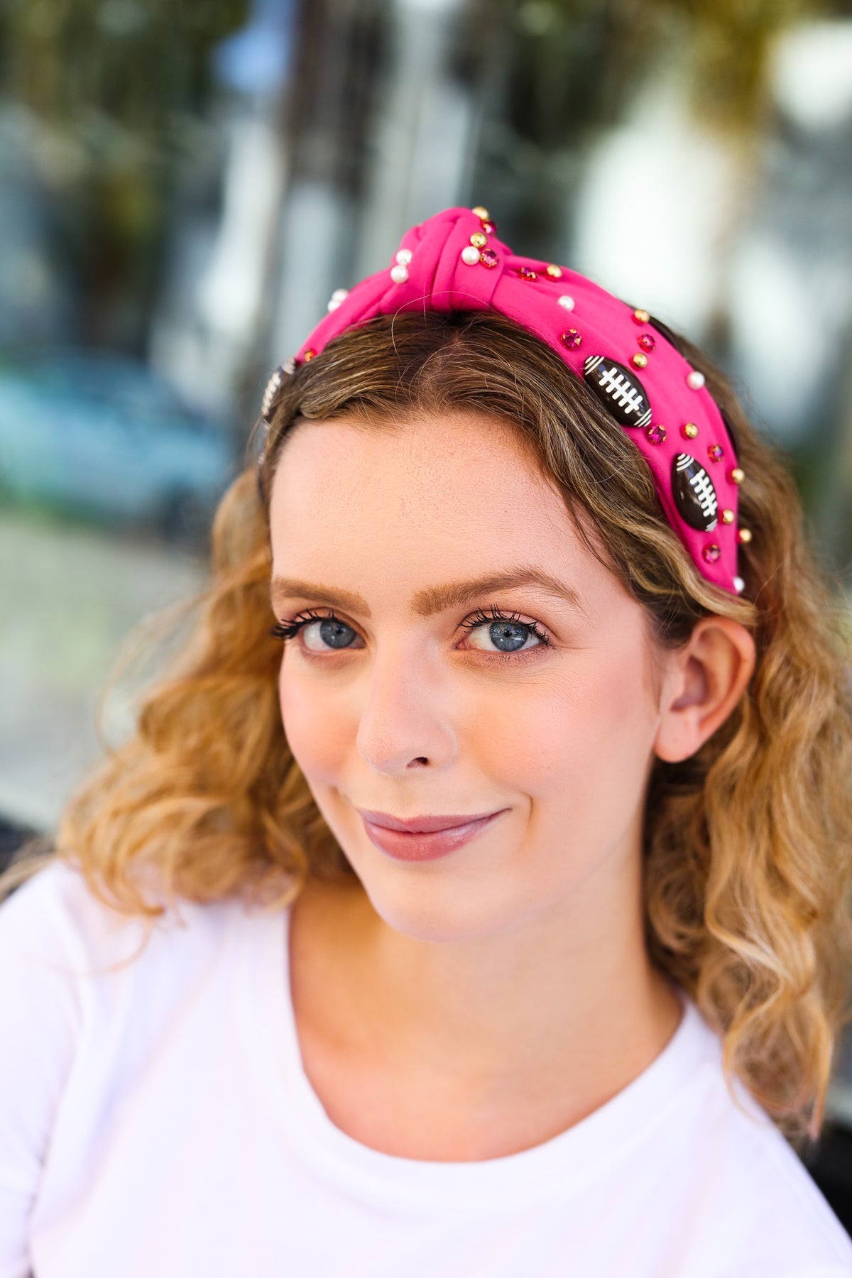 Fuchsia Stone & Gem Football Embellished Top Knot Headband-07-01-25 Summer Sale-Modish Lily, Tecumseh Michigan