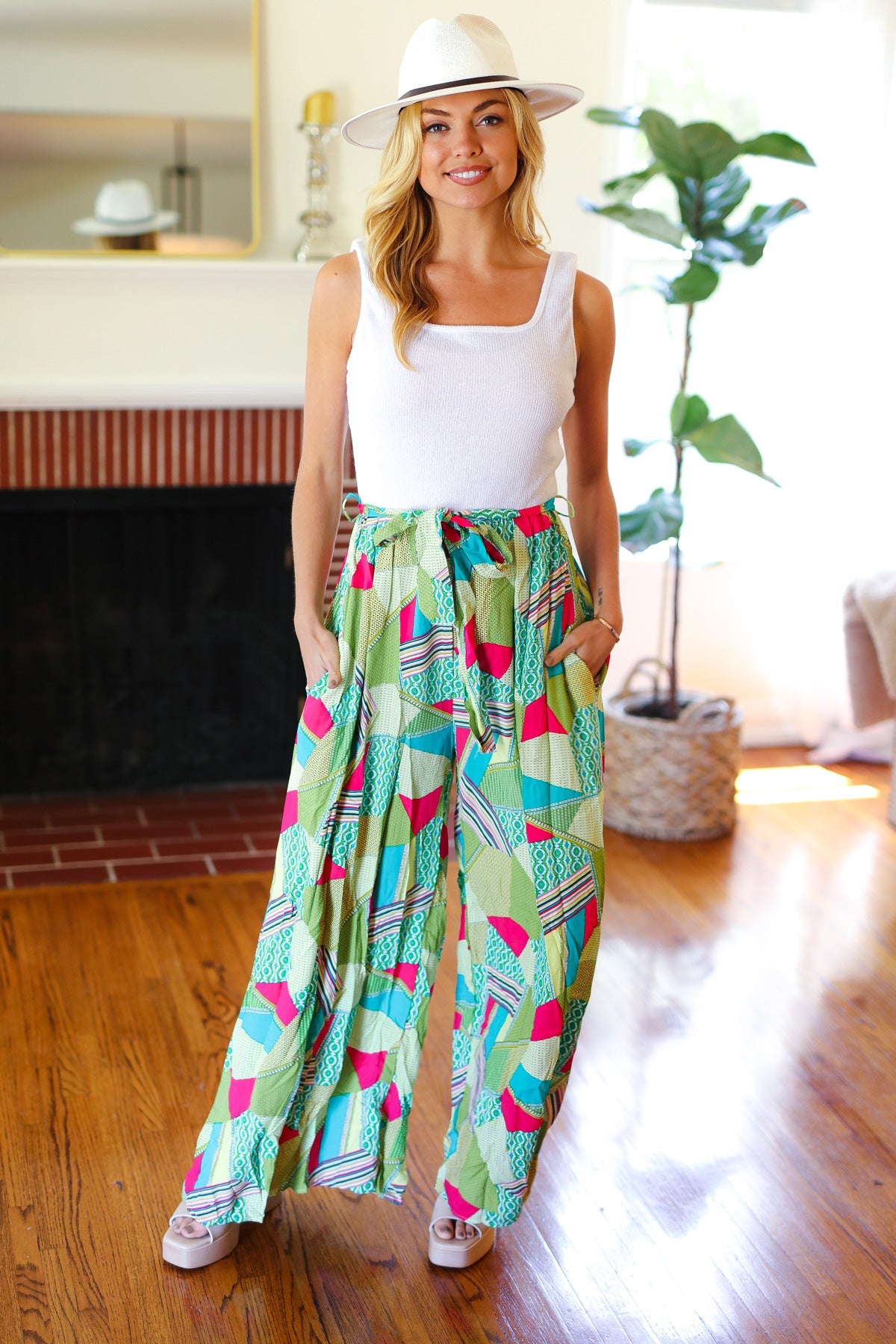 Feeling Couture Ivory & Mint Corded Geo Print Wide Leg Jumpsuit-2024 Summer Blow Out Sale-Modish Lily, Tecumseh Michigan