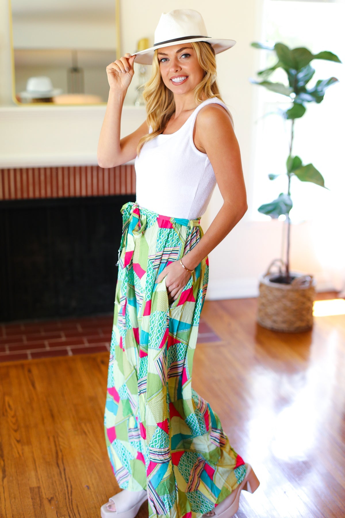 Feeling Couture Ivory & Mint Corded Geo Print Wide Leg Jumpsuit-2024 Summer Blow Out Sale-Modish Lily, Tecumseh Michigan