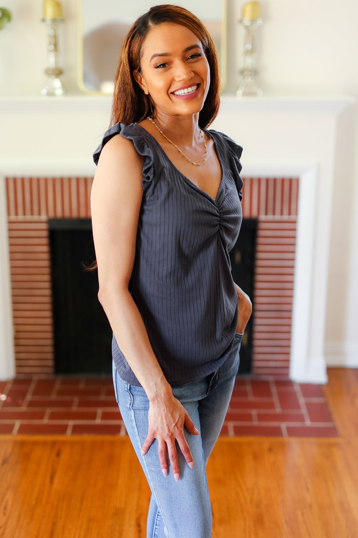 Sunny Days Charcoal Sweetheart Neckline Ribbed Top-Modish Lily, Tecumseh Michigan
