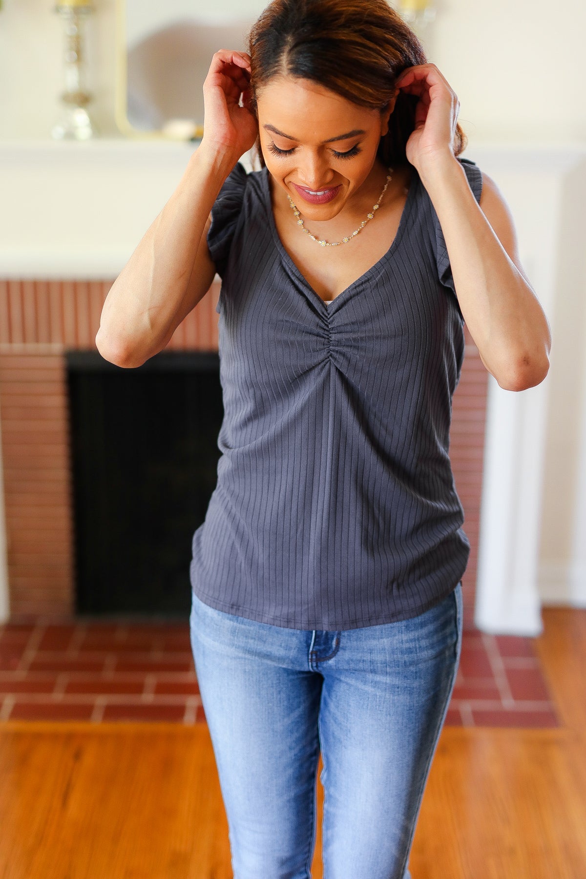 Sunny Days Charcoal Sweetheart Neckline Ribbed Top-Modish Lily, Tecumseh Michigan