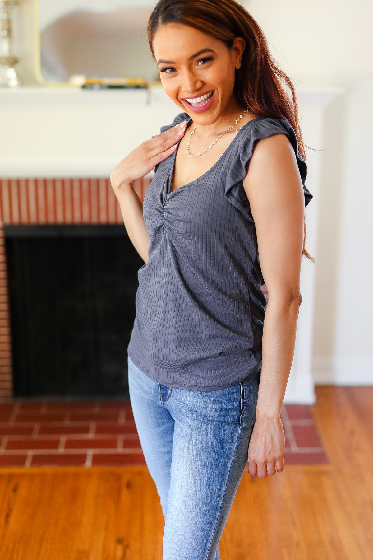 Sunny Days Charcoal Sweetheart Neckline Ribbed Top-Modish Lily, Tecumseh Michigan
