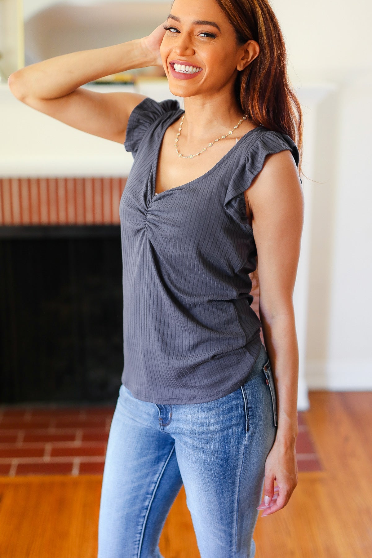 Sunny Days Charcoal Sweetheart Neckline Ribbed Top-Modish Lily, Tecumseh Michigan