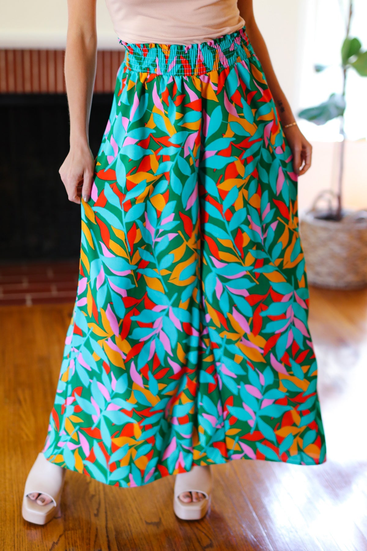 Summer Vibes Green & Orange Abstract Print Smocked Palazzo Pants-2024 Summer Blow Out Sale-Modish Lily, Tecumseh Michigan