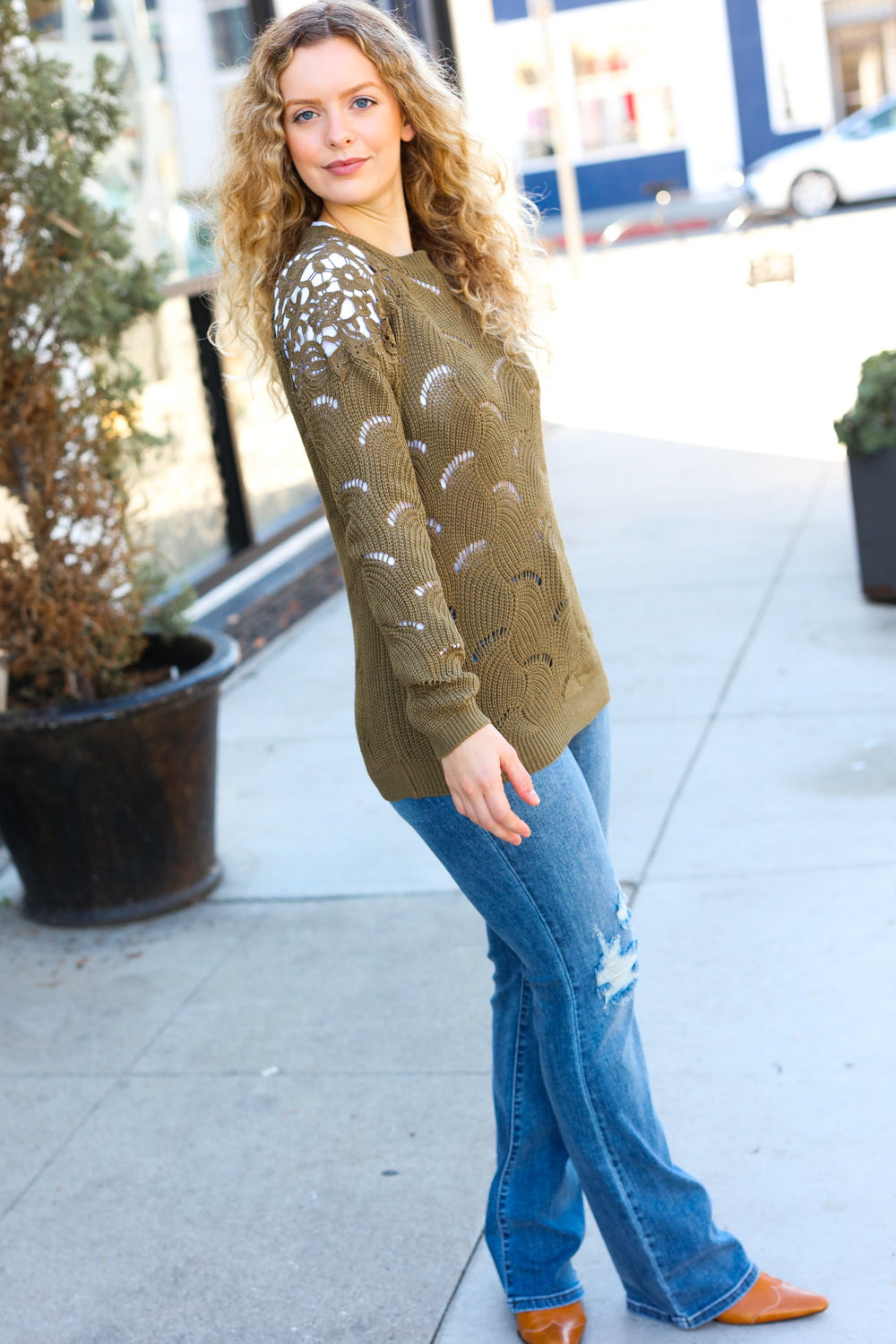 Casual Chic Olive Pointelle Lace Shoulder Knit Sweater-2024 Blow-Out Sale-Modish Lily, Tecumseh Michigan