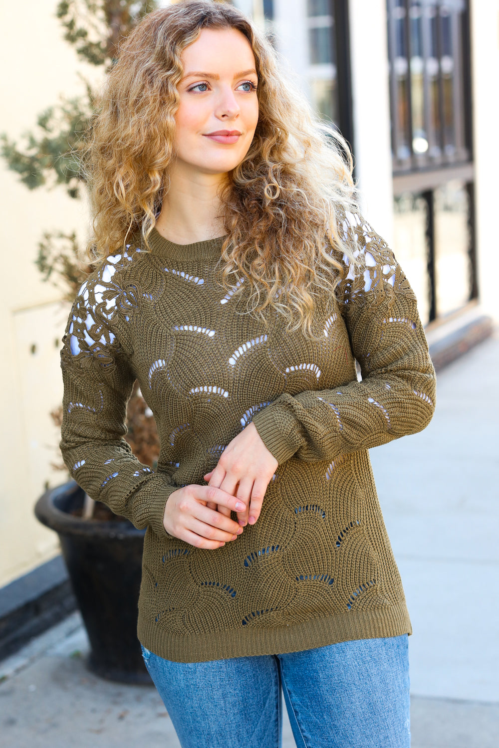 Casual Chic Olive Pointelle Lace Shoulder Knit Sweater-2024 Blow-Out Sale-Modish Lily, Tecumseh Michigan