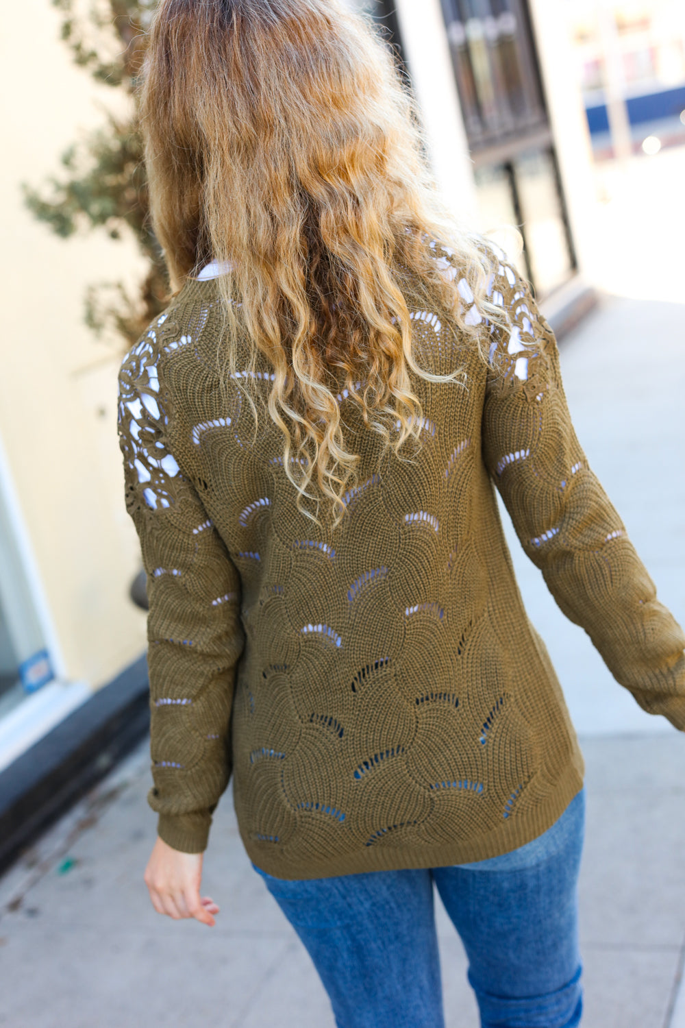 Casual Chic Olive Pointelle Lace Shoulder Knit Sweater-2024 Blow-Out Sale-Modish Lily, Tecumseh Michigan