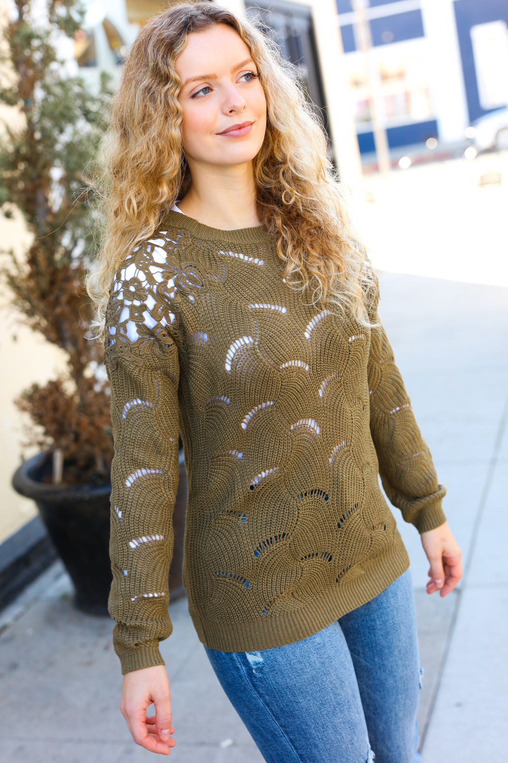 Casual Chic Olive Pointelle Lace Shoulder Knit Sweater-2024 Blow-Out Sale-Modish Lily, Tecumseh Michigan