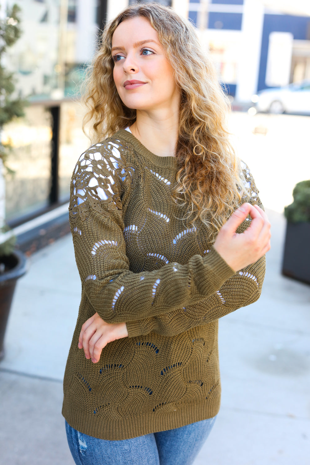 Casual Chic Olive Pointelle Lace Shoulder Knit Sweater-2024 Blow-Out Sale-Modish Lily, Tecumseh Michigan