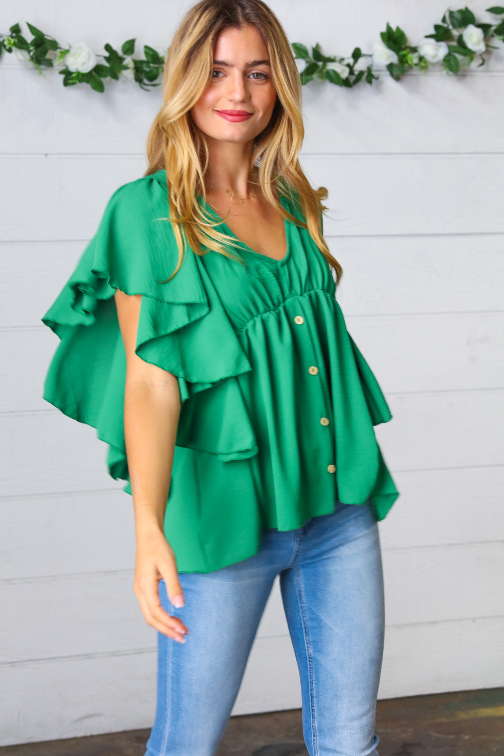Sea Green Button Ruffle Woven Top-Modish Lily, Tecumseh Michigan
