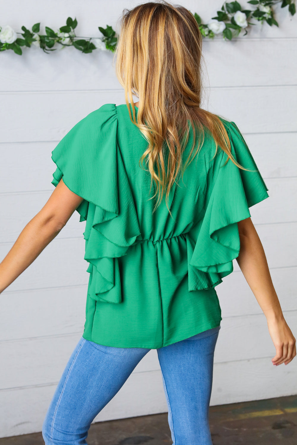 Sea Green Button Ruffle Woven Top-Modish Lily, Tecumseh Michigan