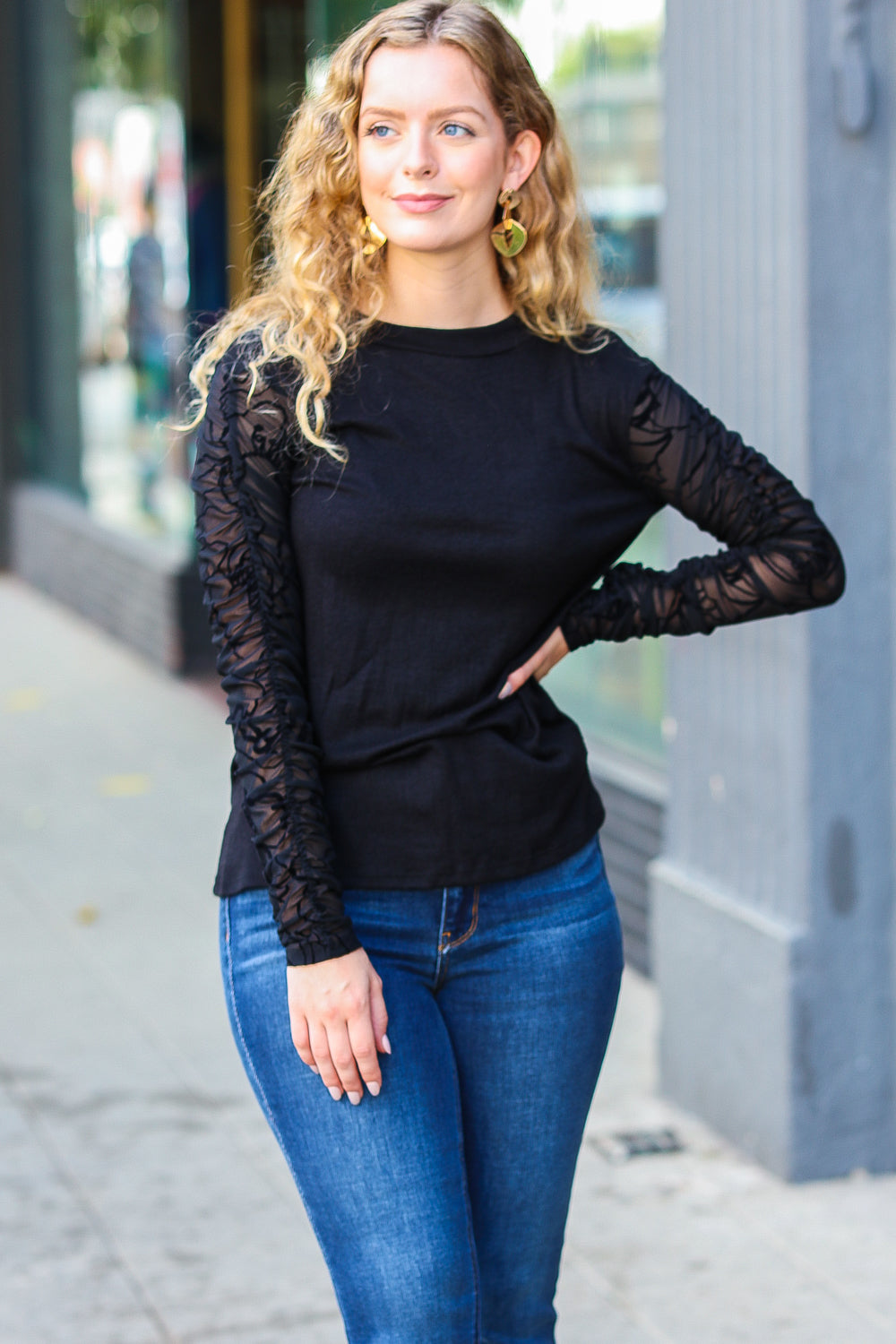 Can't Help But Love Black Shirred Velvet Mesh Blouse-Modish Lily, Tecumseh Michigan