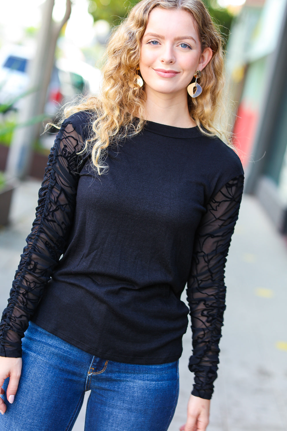 Can't Help But Love Black Shirred Velvet Mesh Blouse-Modish Lily, Tecumseh Michigan