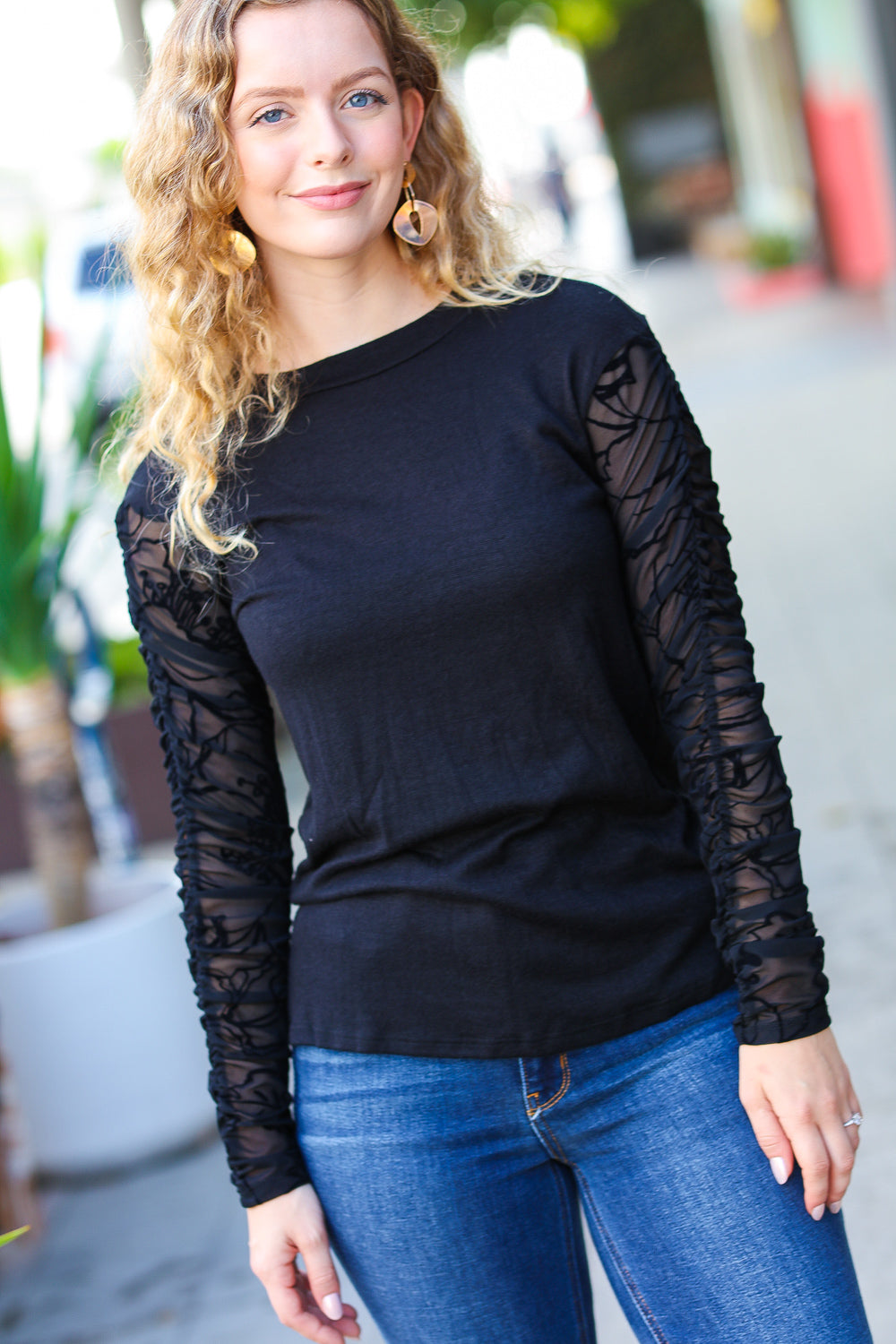 Can't Help But Love Black Shirred Velvet Mesh Blouse-Modish Lily, Tecumseh Michigan