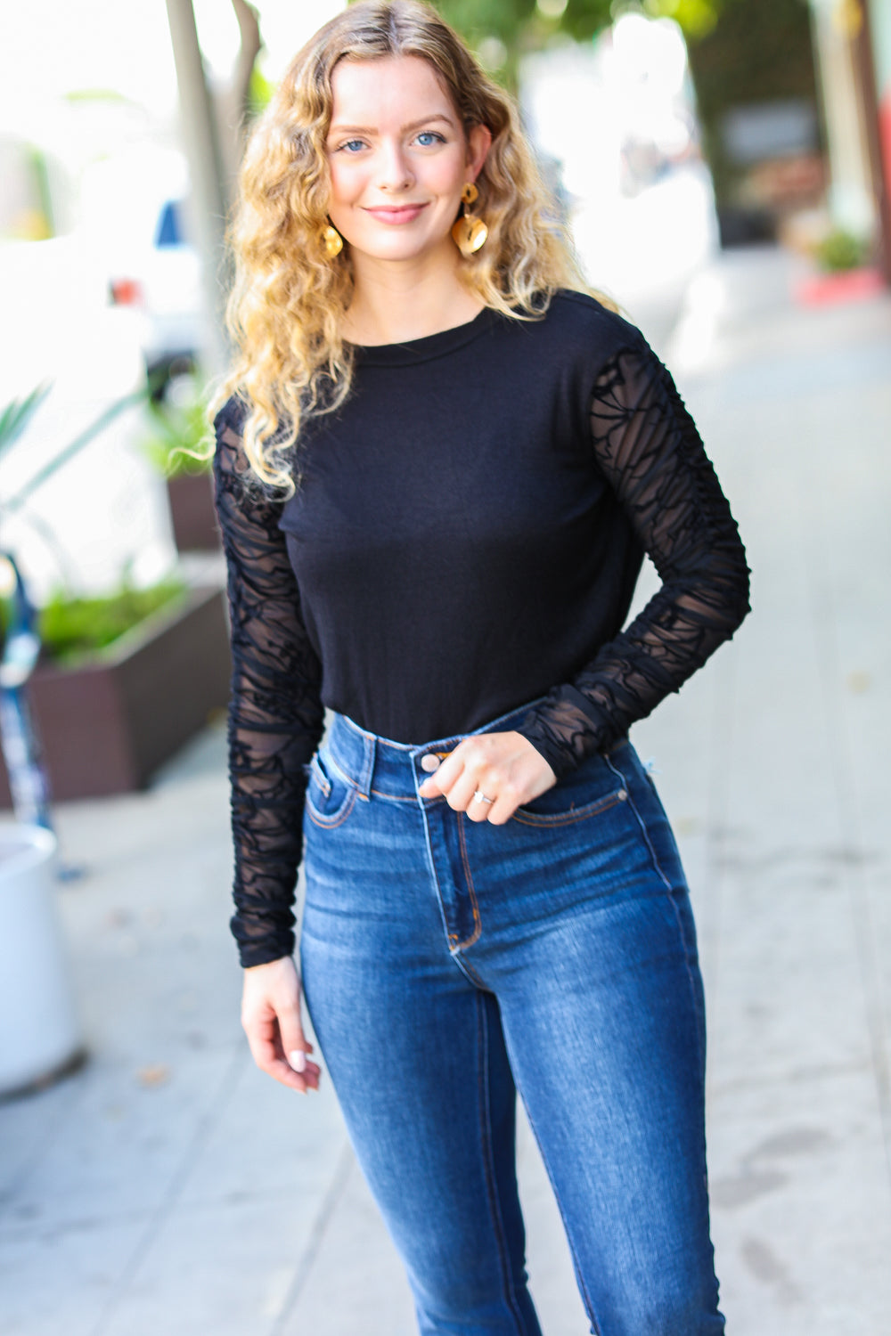 Can't Help But Love Black Shirred Velvet Mesh Blouse-Modish Lily, Tecumseh Michigan