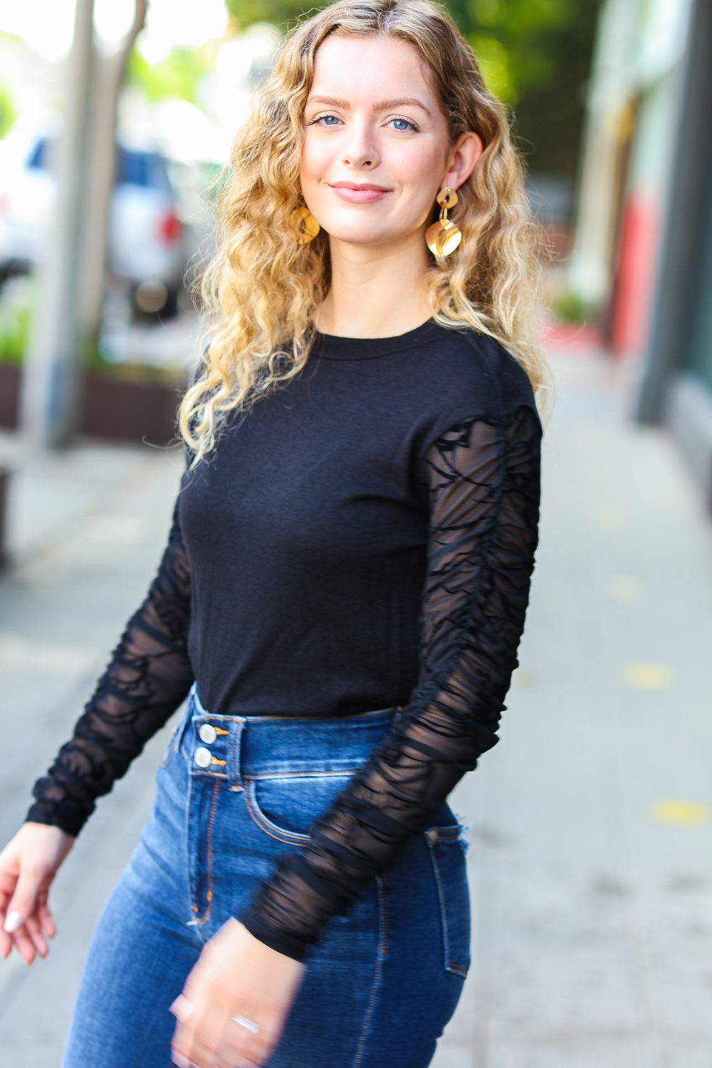 Can't Help But Love Black Shirred Velvet Mesh Blouse-Modish Lily, Tecumseh Michigan