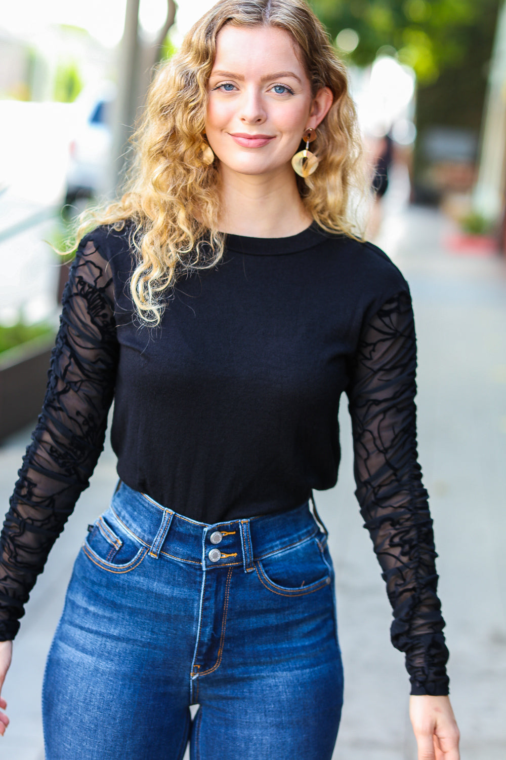 Can't Help But Love Black Shirred Velvet Mesh Blouse-Modish Lily, Tecumseh Michigan