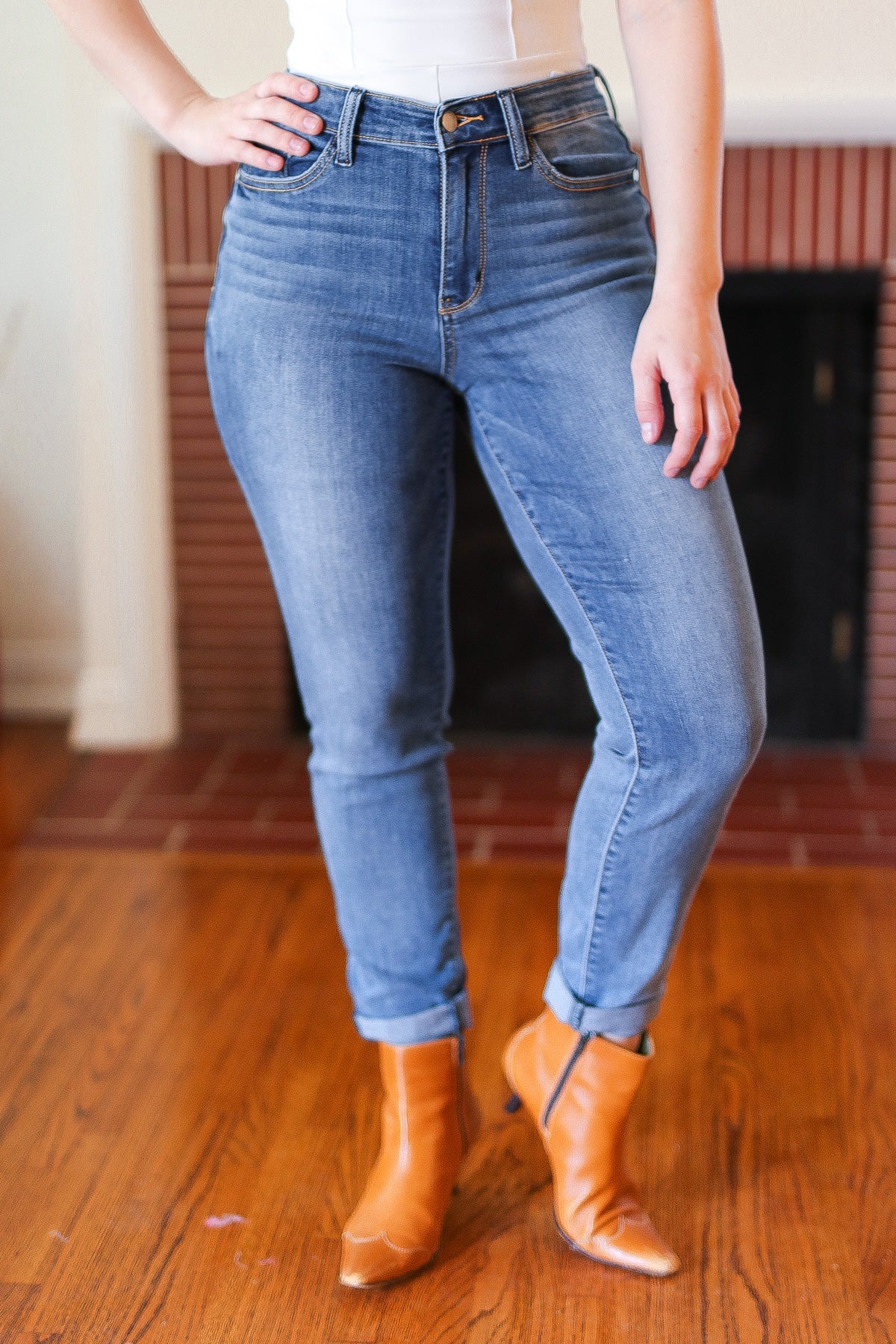 Judy Blue Medium Blue Mid-Rise Slim Fit Cuffed Jeans-Modish Lily, Tecumseh Michigan