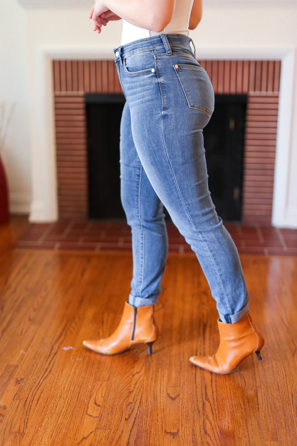 Judy Blue Medium Blue Mid-Rise Slim Fit Cuffed Jeans-Modish Lily, Tecumseh Michigan