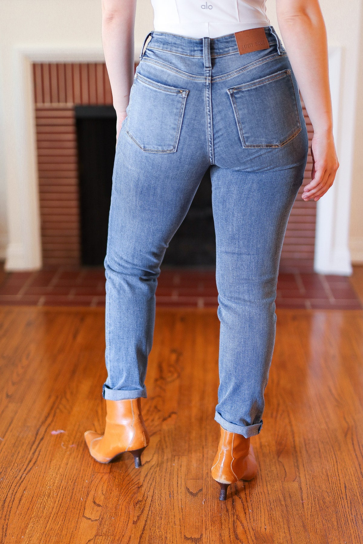 Judy Blue Medium Blue Mid-Rise Slim Fit Cuffed Jeans-Modish Lily, Tecumseh Michigan