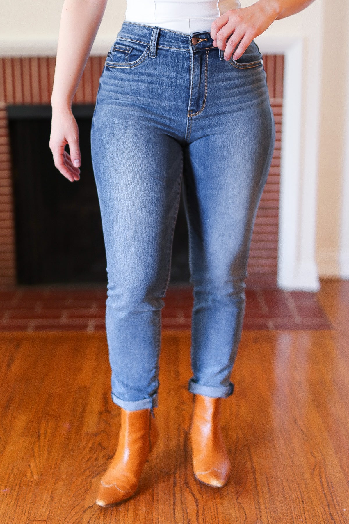 Judy Blue Medium Blue Mid-Rise Slim Fit Cuffed Jeans-Modish Lily, Tecumseh Michigan