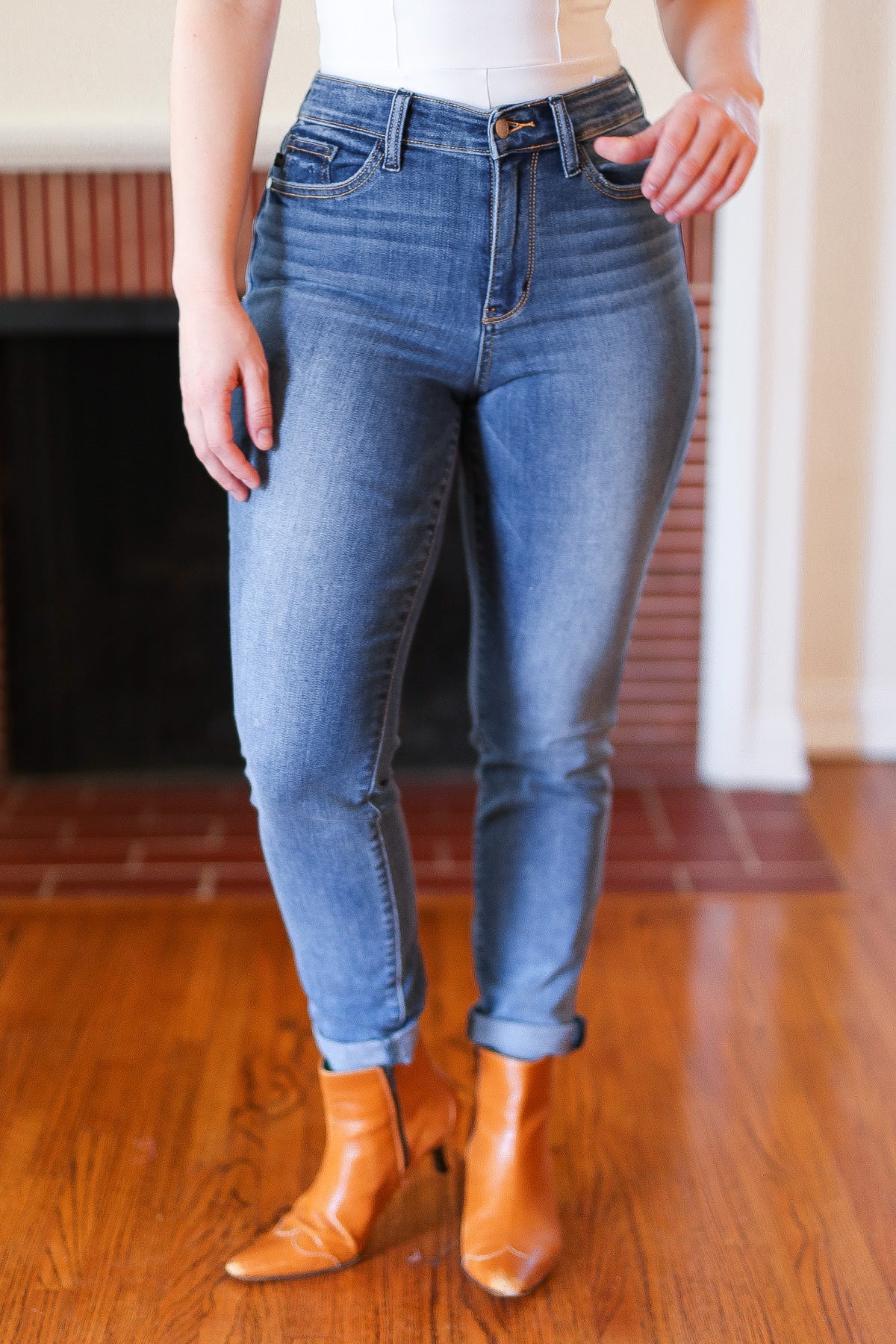 Judy Blue Medium Blue Mid-Rise Slim Fit Cuffed Jeans-Modish Lily, Tecumseh Michigan