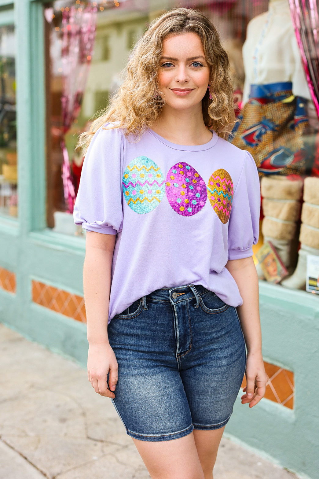 Turn Heads Lilac Sequin Easter Egg Terry Top-2024 Blow-Out Sale-Modish Lily, Tecumseh Michigan