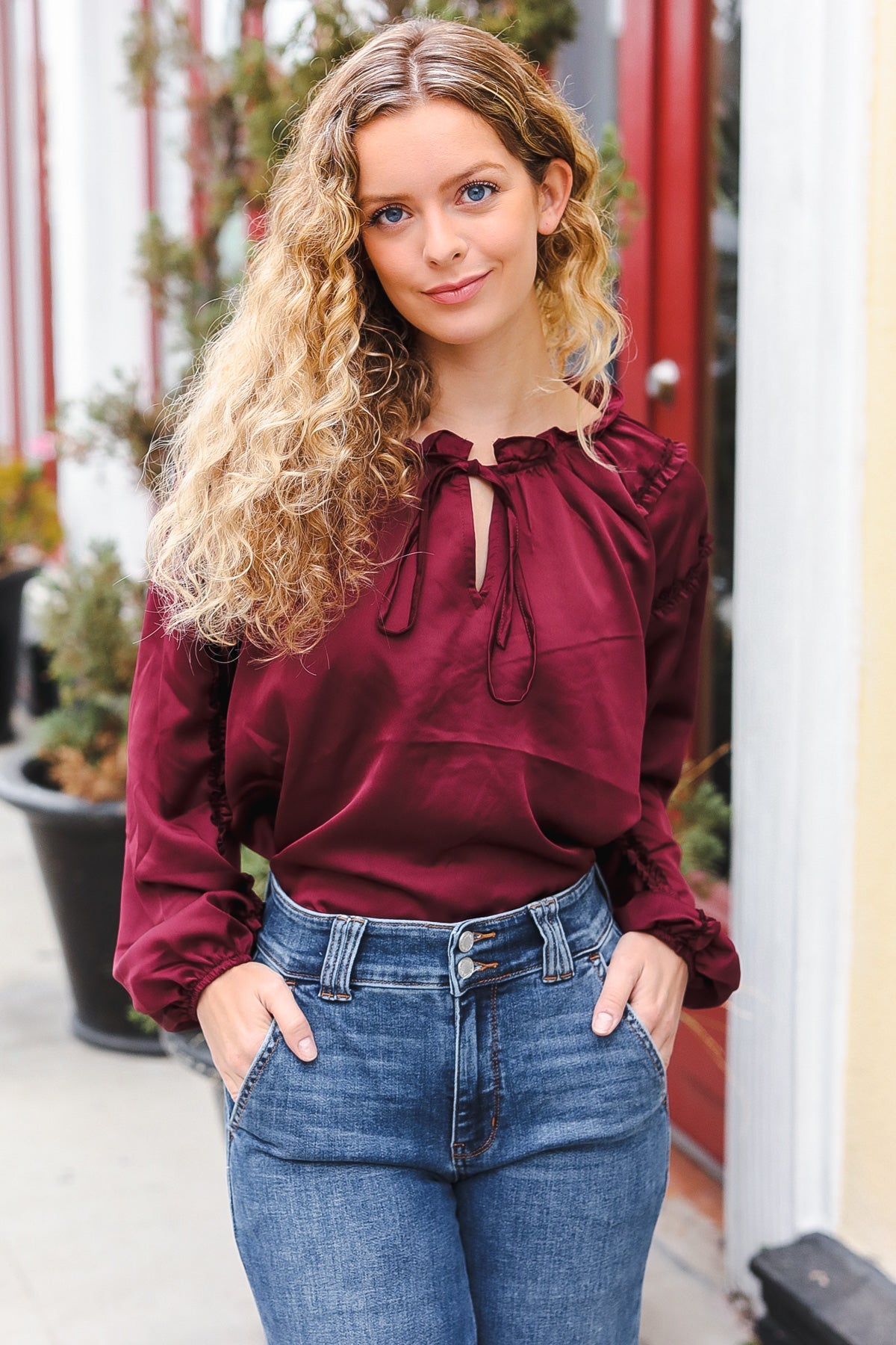 Holiday Vibes Burgundy Frill Detail Tie Neck Satin Top-Modish Lily, Tecumseh Michigan
