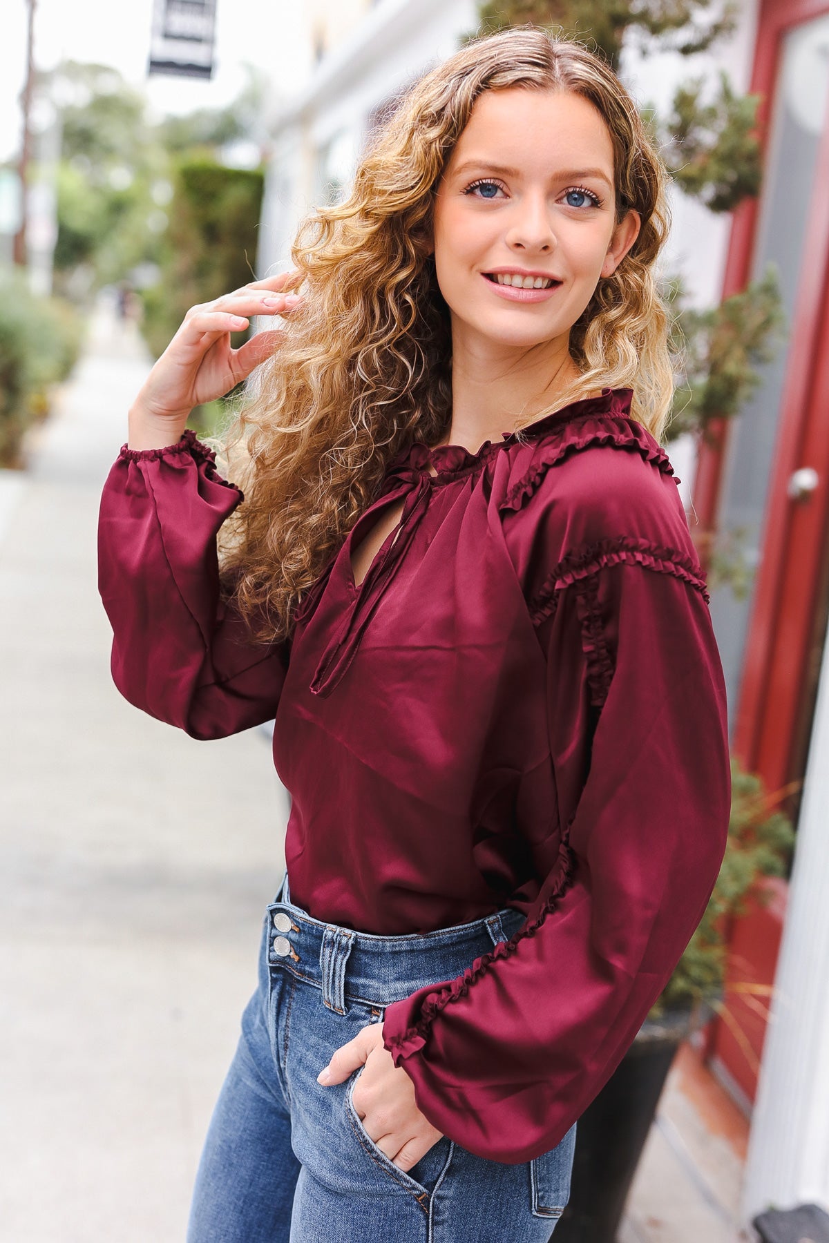 Holiday Vibes Burgundy Frill Detail Tie Neck Satin Top-Modish Lily, Tecumseh Michigan