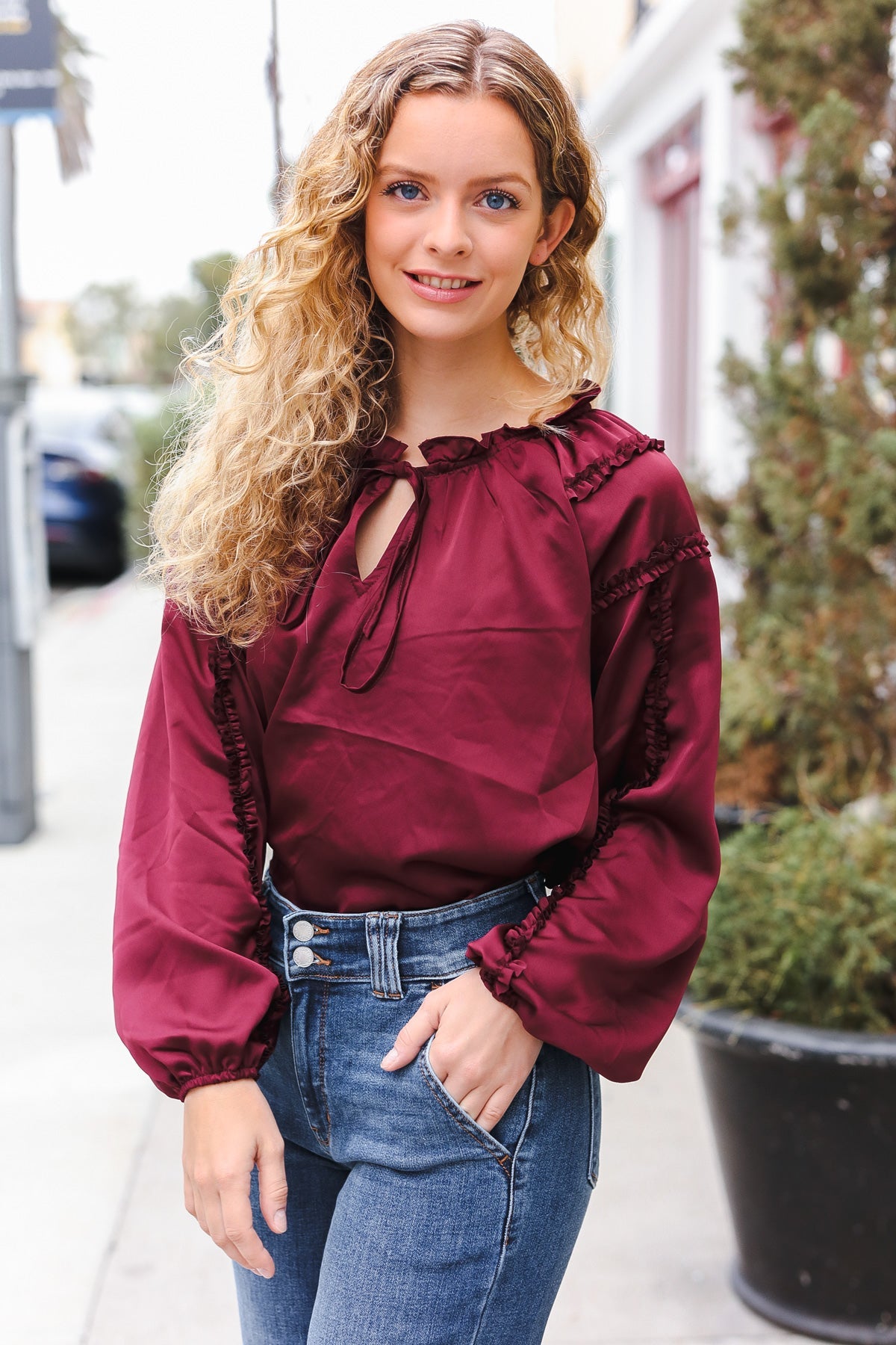 Holiday Vibes Burgundy Frill Detail Tie Neck Satin Top-Modish Lily, Tecumseh Michigan