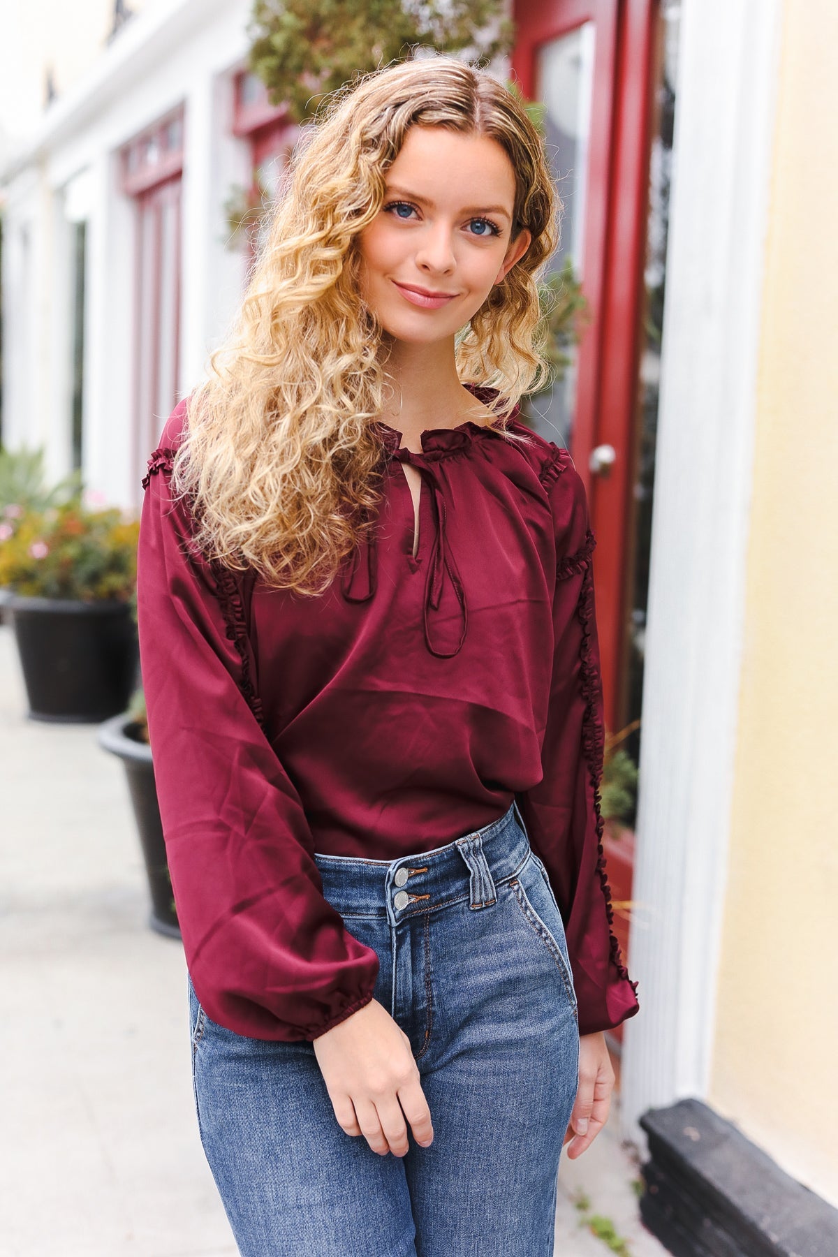 Holiday Vibes Burgundy Frill Detail Tie Neck Satin Top-Modish Lily, Tecumseh Michigan