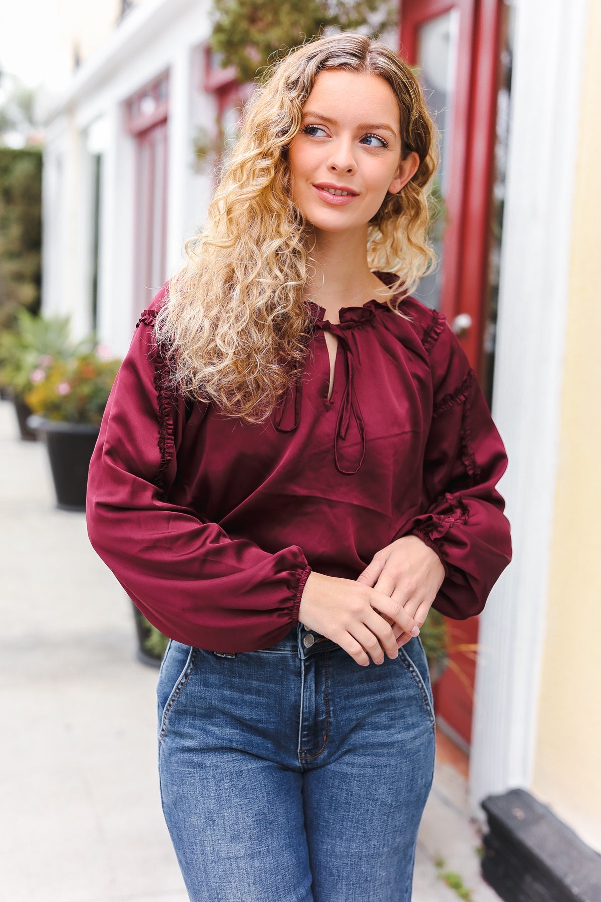 Holiday Vibes Burgundy Frill Detail Tie Neck Satin Top-Modish Lily, Tecumseh Michigan