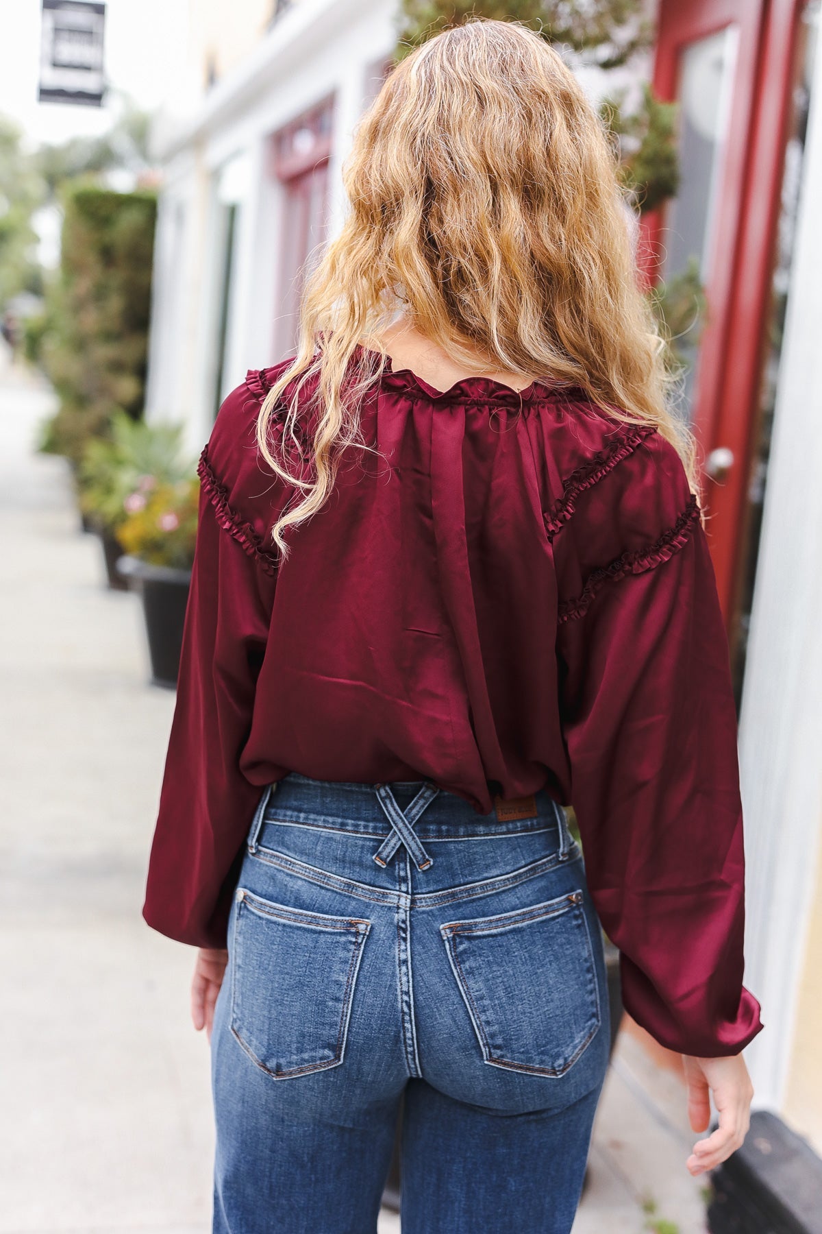 Holiday Vibes Burgundy Frill Detail Tie Neck Satin Top-Modish Lily, Tecumseh Michigan