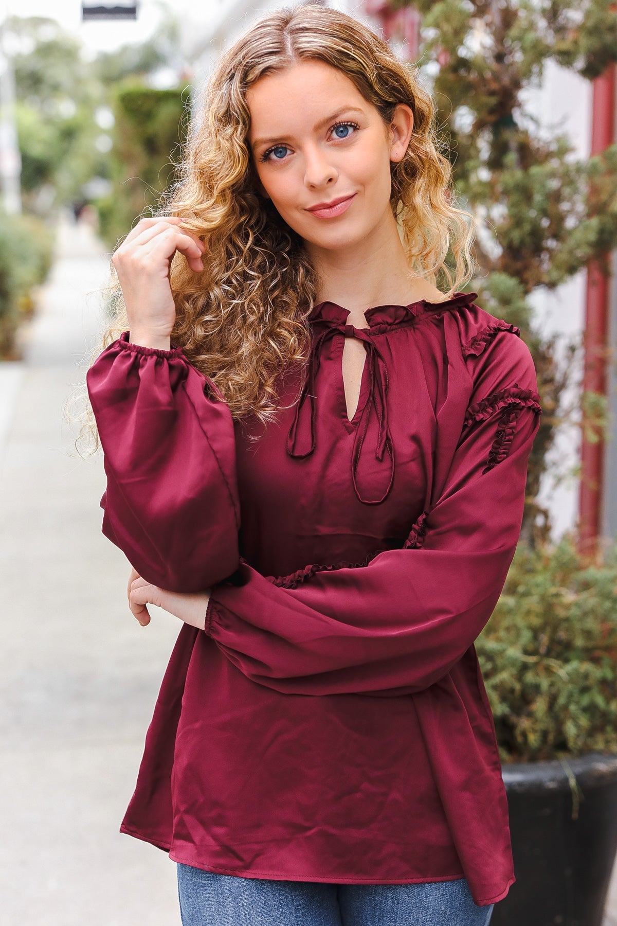 Holiday Vibes Burgundy Frill Detail Tie Neck Satin Top-Modish Lily, Tecumseh Michigan