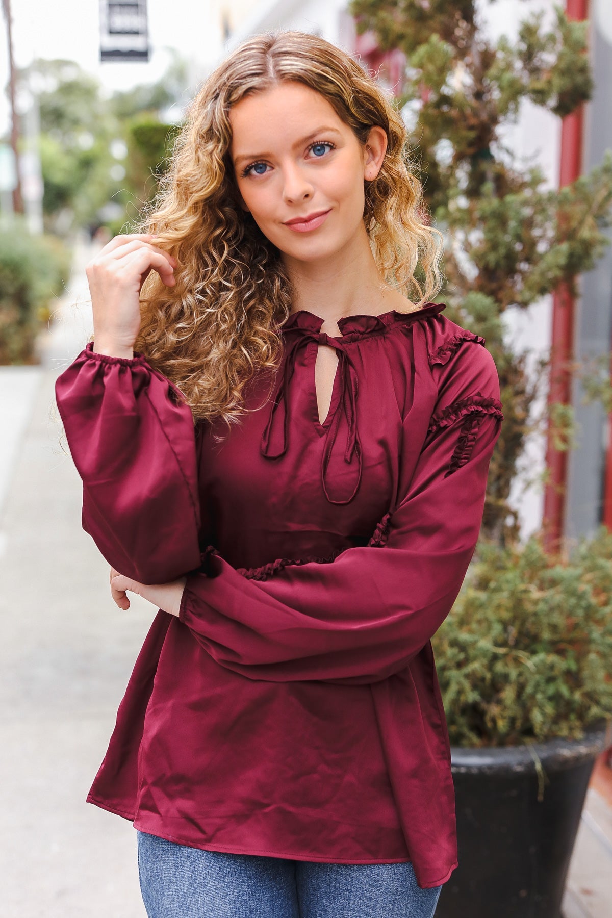 Holiday Vibes Burgundy Frill Detail Tie Neck Satin Top-Modish Lily, Tecumseh Michigan