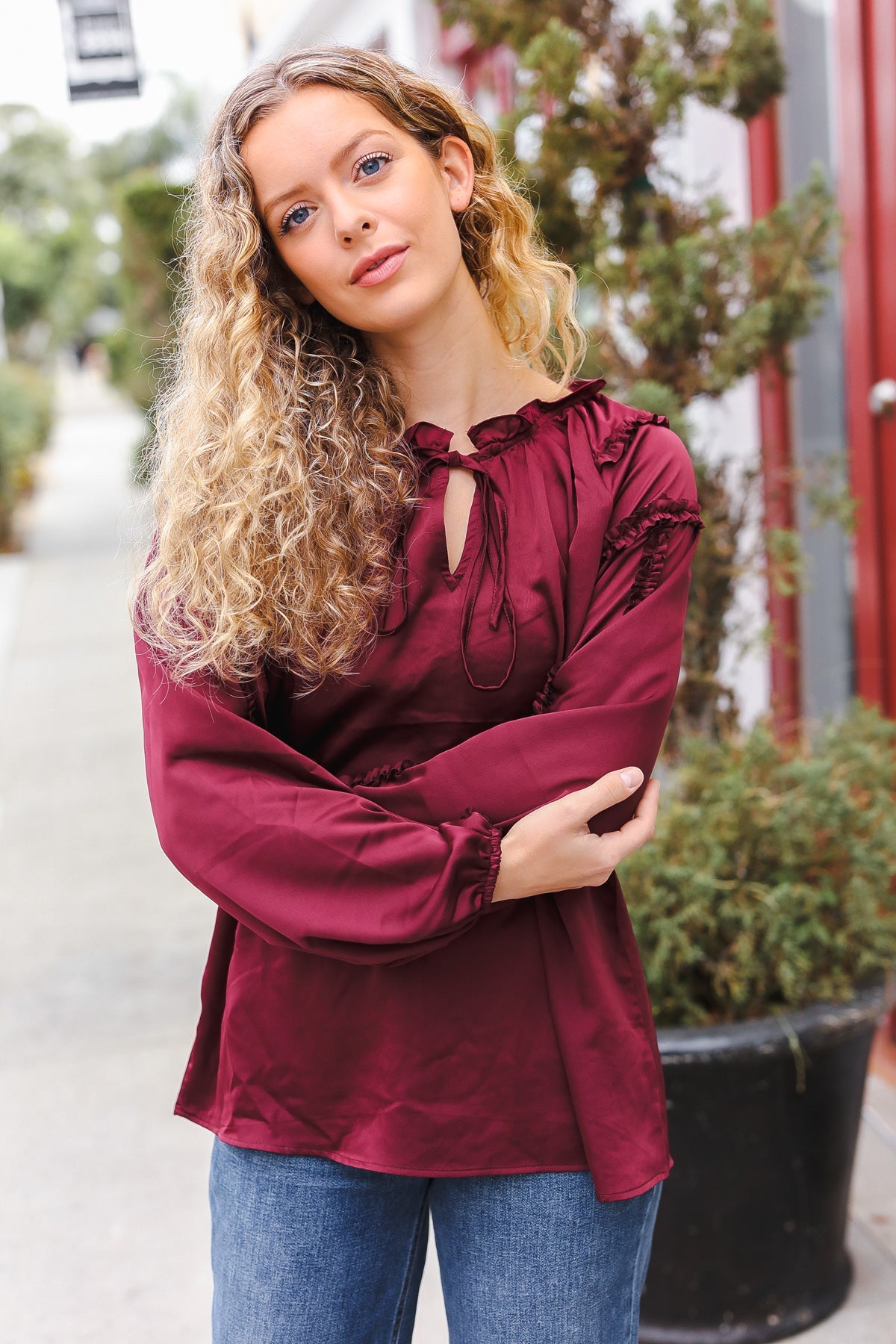 Holiday Vibes Burgundy Frill Detail Tie Neck Satin Top-Modish Lily, Tecumseh Michigan